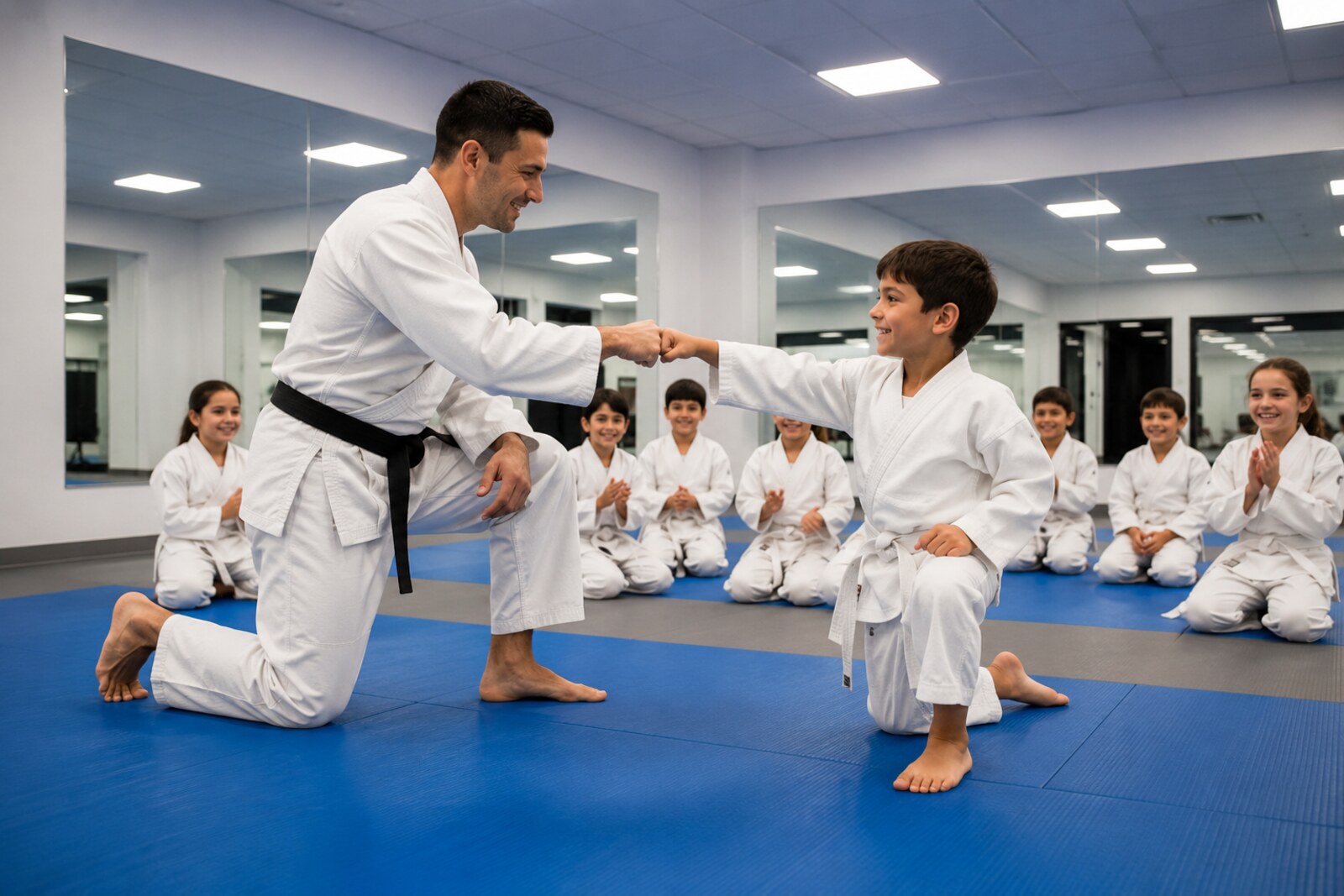 An instructor supervising Three Words students closely during class at Waverly Martial Arts in Patchogue