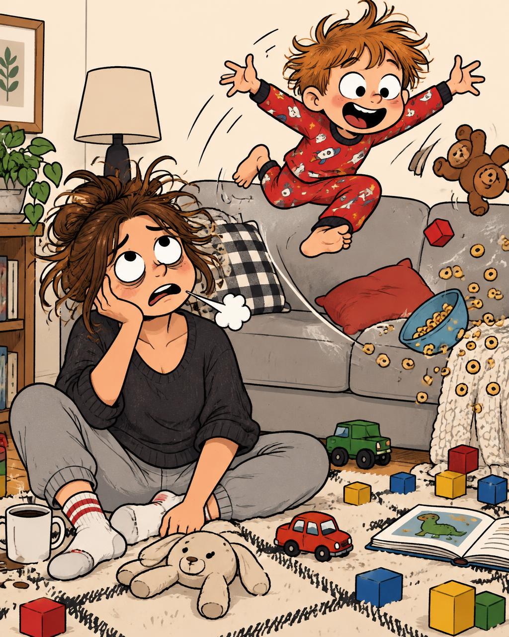Illustration of a frazzled parent at home with an energetic child
